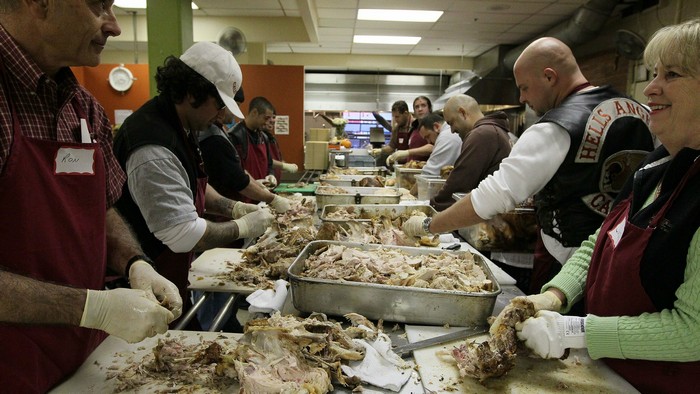 13 Hells Angles Volunteers Prepare Thanksgiving Dinner At SF Kitchen GettyImages 93423062 E1601498966888 